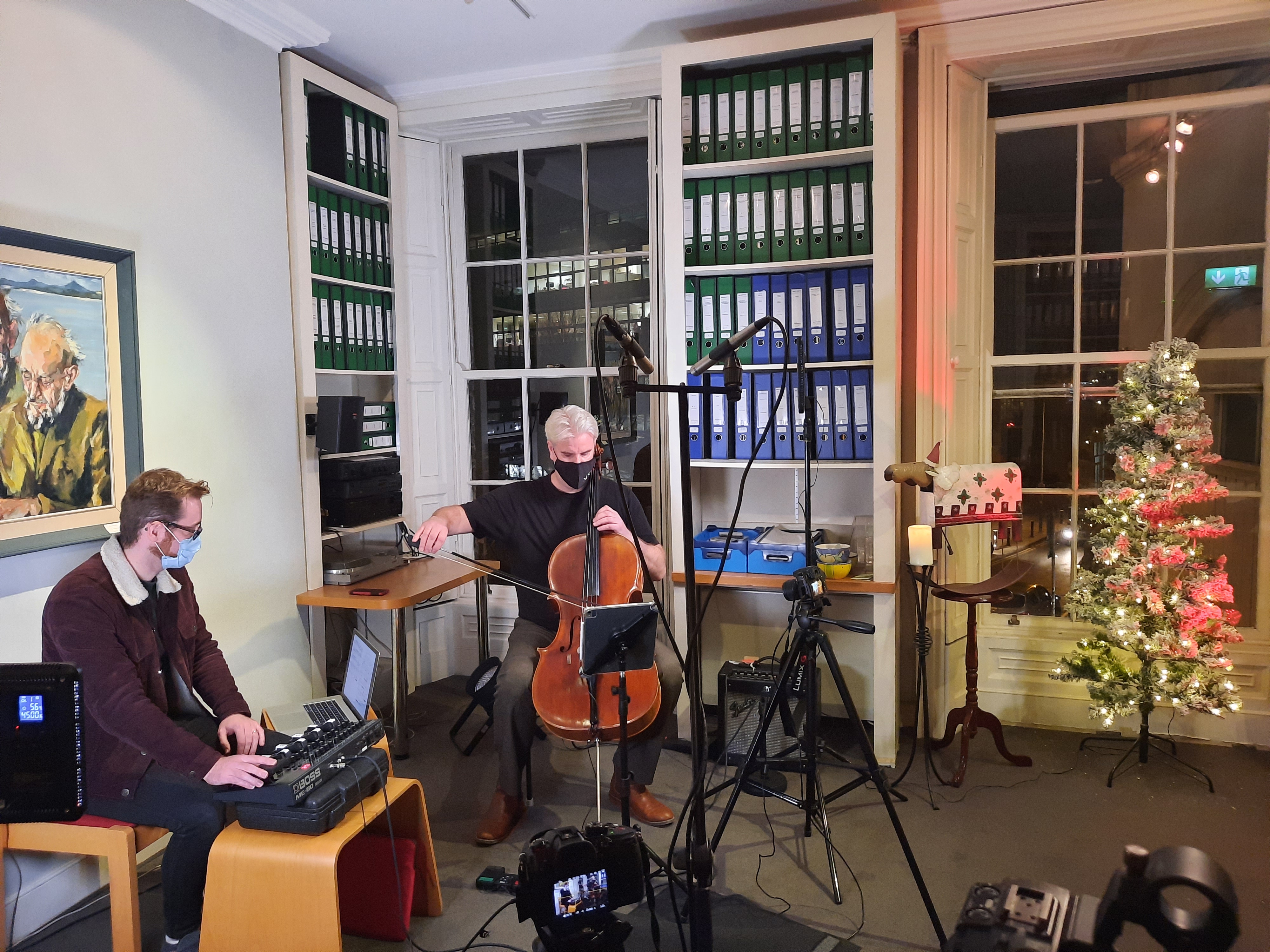Anselm McDonnell (CMC Composer) and Martin Johnson (Principal Cellist with the RTE National Symphony Orchestra) performing 'Three Words for Light' at the Contemporary Music Centre in Dublin.