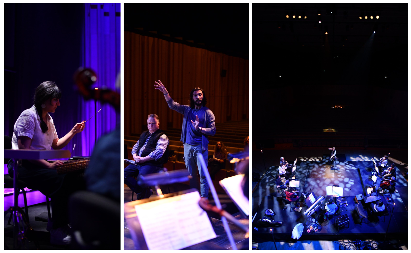 Scenes from "The Midnight Verdict" rehearsal with santourist Farnaz Modarresifar, Gregory Vajda, Benoît Sitzia and an aerial shot of the ensemble.