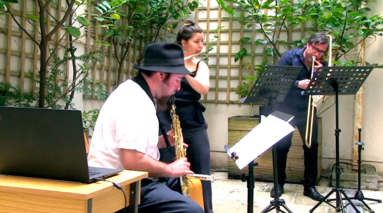 Nick Roth, saxophone, Lina Andonovska, flute and Colm O'Hara, trombone at CMC's Courtyard Sessions, 2021.