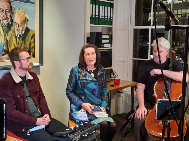 Linda O'Shea Farren, Projects, programmes and events manager with CMC Colleagues Anselm McDonnell, composer and Martin Johnson, cellist at the Dublin launch of Anselm's debut album 'Light of Shore', hosted by CMC at the 2021 CMC Christmas Party..