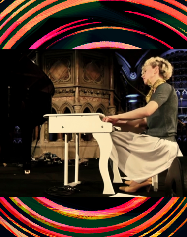 A photomontage by Joe Hanly: Interior image: Xenia Pestova Bennett performing at Daylight Music, London (2017), video still by Sam Ziajka; exterior image: Joe Hanley, original print, 2023.