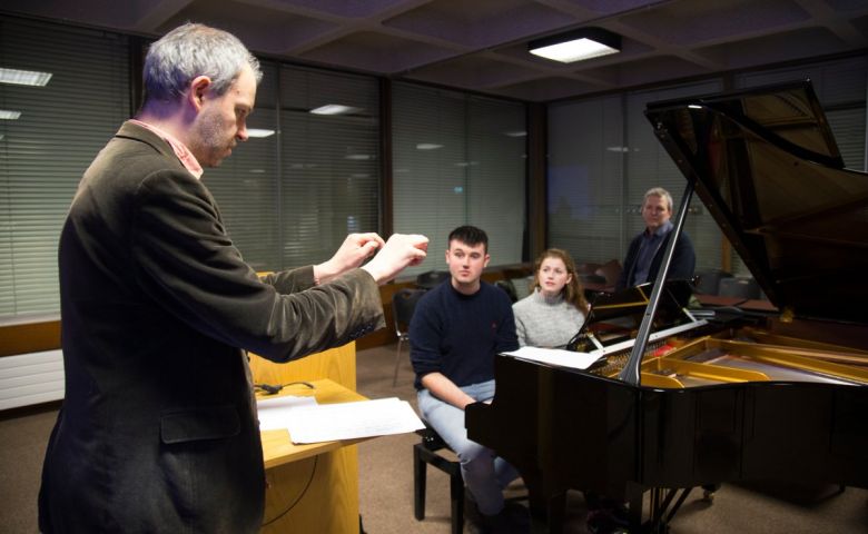 David Bremner and Brian Duggan with performers Chloe Power and Dylan Browne