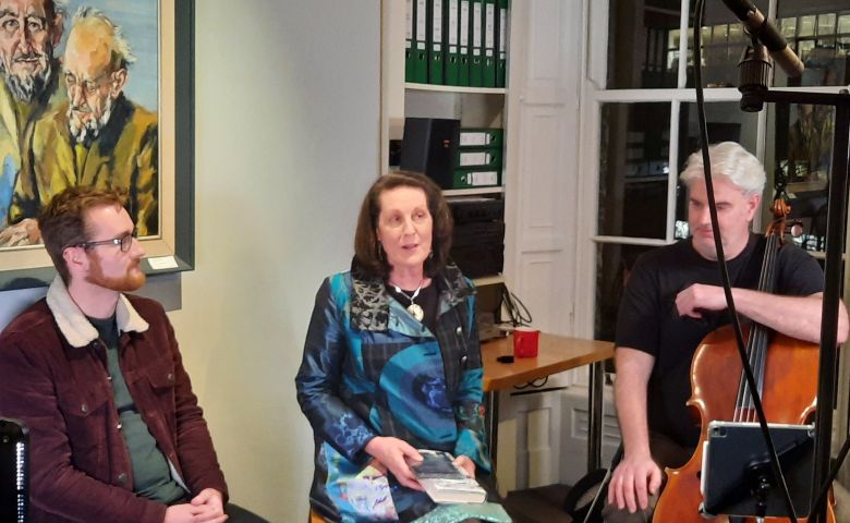 Linda O'Shea Farren, Projects, programmes and events manager with CMC Colleagues Anselm McDonnell, composer and Martin Johnson, cellist at the Dublin launch of Anselm's debut album 'Light of Shore', hosted by CMC at the CMC Christmas Party 2021.